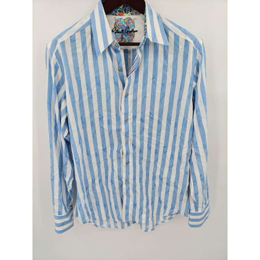 Robert Graham Mens Blue White Striped Paisley Jacquard Button Down Shirt Size M